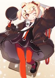 Rule 34 | 1girl, ;q, absurdres, arknights, black dress, black footwear, blonde hair, blush, brown background, brown jacket, closed mouth, commentary request, double bun, dress, food-themed hair ornament, gummy (arknights), hair bun, hair ornament, hairclip, highres, ichi (ichi.colors), jacket, long sleeves, mary janes, nail polish, one eye closed, open clothes, open jacket, pantyhose, pinching sleeves, puffy long sleeves, puffy sleeves, red eyes, red nails, red pantyhose, sailor collar, sailor dress, shoes, signature, sleeves past wrists, smile, solo, standing, standing on one leg, tongue, tongue out, twintails, white sailor collar, wide sleeves