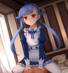 Rule 34 | 1boy, 1girl, apron, bed sheet, blue dress, blue hair, blue hairband, blue ribbon, blunt bangs, collared dress, commentary request, curtains, day, dress, frilled apron, frilled dress, frills, hair ribbon, hairband, hi jinrui gakuen extraordinary ones, indoors, juliet sleeves, long hair, long sleeves, low twintails, pillow, puffy sleeves, red eyes, ribbon, saruton, sitting, sitting on person, sleeves past wrists, solo focus, sunlight, thighhighs, twintails, very long hair, white apron, white thighhighs
