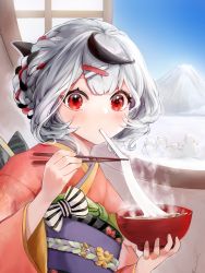 Rule 34 | 1girl, absurdres, black hair, blush, bowl, braid, chopsticks, commentary request, eating, food, food in mouth, hair ornament, highres, holding, holding bowl, holding chopsticks, hololive, japanese clothes, kimono, long sleeves, looking at viewer, mochi, mochi trail, multicolored hair, obi, orange kimono, red eyes, red hair, sakamata chloe, sash, silver hair, solo, streaked hair, sunano reona, upper body, virtual youtuber, wide sleeves, window, x hair ornament