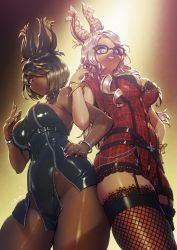 Rule 34 | 2girls, animal ears, black hair, blue eyes, bracelet, breasts, brown eyes, cleavage, commission, cowboy shot, dark-skinned female, dark skin, dress, final fantasy, final fantasy xiv, from below, garter straps, glasses, hair over one eye, hand on own hip, highres, jewelry, kionaoki, large breasts, long hair, looking at viewer, making-of available, multiple girls, necklace, rabbit ears, ring, short hair, signature, skeb commission, smile, thighhighs, viera, warrior of light (ff14), white hair, zipper, zipper pull tab