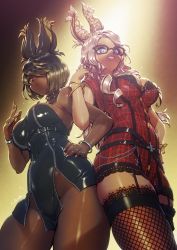 2girls animal_ears black_hair blue_eyes bracelet breasts brown_eyes cleavage commission cowboy_shot dark-skinned_female dark_skin dress final_fantasy final_fantasy_xiv from_below garter_straps glasses hair_over_one_eye hand_on_own_hip highres jewelry kionaoki large_breasts long_hair looking_at_viewer making-of_available multiple_girls necklace rabbit_ears ring short_hair signature skeb_commission smile thighhighs viera warrior_of_light_(ff14) white_hair zipper zipper_pull_tab