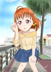Rule 34 | 1girl, artist name, artist request, bare legs, bare shoulders, blue pants, blue shorts, blue sky, blush, breasts, closed eyes, female focus, food-themed hair ornament, hair ornament, hairclip, highres, looking at viewer, love live!, love live! sunshine!!, medium breasts, orange hair, orange hair ornament, outdoors, panny (parchan101), pants, red eyes, shirt, short hair, shorts, sky, smile, solo, takami chika, tree, yellow shirt