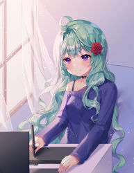 Rule 34 | 1girl, ad, ahoge, bad id, bad twitter id, bare shoulders, blush, breasts, closed mouth, curtains, day, drawing, drawing tablet, flower, flower request, green hair, hair flower, hair ornament, highres, holding, holding stylus, indoors, long hair, medium breasts, original, purple eyes, purple shirt, red flower, shiro albino, shirt, sitting, smile, solo, stylus, upper body, very long hair, window