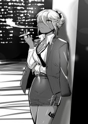 Rule 34 | 1girl, absurdres, against wall, alternate costume, cigarette, dark magician beth, greyscale, guardian tales, hair over one eye, highres, holding, holding cigarette, jacket, looking up, monochrome, mopqrkdnl1, necktie, open clothes, open shirt, shirt, skirt, smoke, standing, tattoo