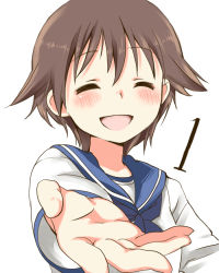 Rule 34 | 1girl, blush, brown hair, closed eyes, foreshortening, mitsuki meia, miyafuji yoshika, open mouth, outstretched hand, school uniform, serafuku, short hair, simple background, solo, strike witches, white background, world witches series