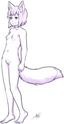 Rule 34 | 1girl, animal ears, aogami, breasts, commentary, commission, completely nude, english commentary, fox ears, fox girl, fox tail, full body, greyscale, highres, medium hair, monochrome, nipples, nude, original, pink theme, pussy, short eyebrows, signature, small breasts, smile, solo, tail
