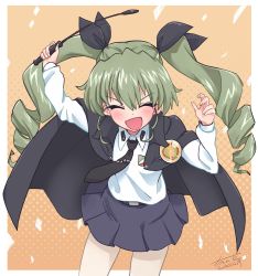 Rule 34 | 1girl, :d, anchovy (girls und panzer), anzio (emblem), anzio school uniform, arm up, artist name, belt, black belt, black cape, black necktie, black ribbon, black skirt, cape, closed eyes, commentary, dress shirt, drill hair, emblem, facing viewer, fanta (the banana pistols), girls und panzer, green hair, hair ribbon, highres, holding, long hair, long sleeves, miniskirt, necktie, open mouth, orange background, outside border, pantyhose, pleated skirt, red eyes, ribbon, riding crop, school uniform, shirt, signature, skirt, smile, solo, twin drills, twintails, white pantyhose, white shirt
