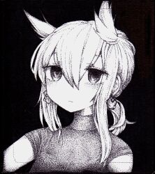 Rule 34 | 1girl, bodysuit, cb839, closed mouth, earrings, expressionless, greyscale, hair between eyes, hair flaps, hatsuzuki (kancolle), highres, jewelry, kantai collection, looking at viewer, monochrome, ponytail, short sleeves, sidelocks, simple background, solo, turtleneck, upper body