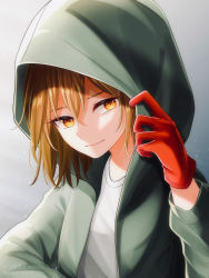 Rule 34 | 1other, alternate universe, artist name, blue background, chara (undertale), commentary request, gloves, gradient background, green jacket, highres, hood, hooded jacket, jacket, light brown hair, looking at viewer, open clothes, open jacket, orange eyes, red gloves, shirt, short hair, smile, solo, storyshift, two-tone background, undertale, undertale au, white background, white shirt, yuupontan.