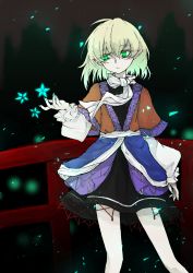 Rule 34 | 1girl, absurdres, ahoge, aizettonagi, arm warmers, bags under eyes, black dress, blonde hair, brown shirt, closed mouth, danmaku, dress, expressionless, feet out of frame, flat chest, green eyes, highres, looking to the side, mizuhashi parsee, pale skin, pointy ears, railing, shirt, short hair, short sleeves, solo, stalactite, touhou, wilted ahoge