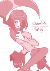 Rule 34 | bete noire, betty noire, boots, breasts, eyeshadow, glitchtale, legs, makeup, nuvex, pink shirt, red skirt, scythe, shirt, short hair, skirt