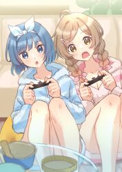 Rule 34 | 2girls, :o, absurdres, alternate costume, alternate hairstyle, blue eyes, blue hair, blue hoodie, blue shorts, blurry, blurry foreground, blush, bow, bow hairband, braid, breasts, brown eyes, brown hair, cevio, cleavage, commentary request, controller, couch, feet out of frame, game controller, glass table, hair ornament, hairband, hairclip, hands up, highres, holding, holding controller, holding game controller, hood, hood down, hoodie, ice cream cup, indoors, joy-con, leaning to the side, living room, long hair, long sleeves, looking at viewer, low twin braids, meteorite (yurenlin8), multiple girls, on floor, open mouth, pink hoodie, pink shorts, playing games, satou sasara, short hair, short shorts, shorts, side-by-side, sitting, striped clothes, striped hoodie, suzuki tsudumi, swept bangs, table, twin braids, white bow