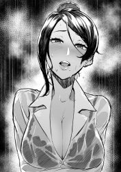 Rule 34 | 1girl, arms under breasts, bijin onna joushi takizawa-san, black hair, blush, bra, breasts, cleavage, collarbone, earrings, facing viewer, formal, greyscale, hair bun, jewelry, lace, lace bra, large breasts, looking at viewer, mature female, mole, mole under mouth, monochrome, office lady, open mouth, rain, see-through, single hair bun, solo, standing, swept bangs, takizawa kyouko, tkhs, underwear, water drop, wet, wet clothes, wet hair
