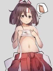 Rule 34 | 10s, 1girl, bare shoulders, blush, breasts, brown eyes, brown hair, chest sarashi, cowboy shot, cutting board, flat chest, grey background, hands on own chest, headband, imagining, kantai collection, long hair, navel, sarashi, solo, stomach, sumisu (mondo), sweatdrop, thought bubble, zuihou (kancolle)