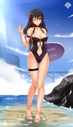 Rule 34 | 1girl, arm strap, bare shoulders, barefoot, beach, black hair, black one-piece swimsuit, blue sky, breasts, cable, cleavage, collarbone, copyright name, day, digital media player, earbuds, earphones, full body, gluteal fold, hair between eyes, hair ribbon, halterneck, highres, horns, legs together, long hair, looking at viewer, medium breasts, midnight (banyex), multicolored hair, navel, one-piece swimsuit, one eye closed, outdoors, pixiv fantasia, pixiv fantasia revenge of the darkness, red eyes, red hair, ribbon, rock, sky, solo, standing, swimsuit, thigh gap, thigh strap, water, wavy hair