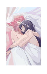Rule 34 | 2girls, animal ears, bed sheet, blanket, closed eyes, collarbone, commentary request, couple, curtains, eyebrows hidden by hair, eyes visible through hair, floppy ears, fox ears, from above, genshin impact, highres, hug, long hair, lying, mole, mole under eye, multiple girls, nail polish, naked sheet, neck, on back, on bed, on side, pillow, pink hair, pink nails, purple hair, raiden shogun, sidelocks, sleeping, under covers, yae miko, yang lizi, yuri