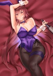 Rule 34 | 1girl, absurdres, animal ears, armpits, bare shoulders, blush, bottle, breasts, cleavage, crimecrime, fake animal ears, fate/grand order, fate (series), fishnet pantyhose, fishnets, hairband, highleg, highleg leotard, highres, large breasts, leotard, long hair, looking at viewer, official alternate costume, pantyhose, playboy bunny, purple hair, purple hairband, purple leotard, rabbit ears, red eyes, scathach (fate), scathach (piercing bunny) (fate), solo, thighs, wine bottle, wrist cuffs