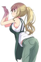 Rule 34 | 1girl, apron, blouse, denim, from behind, from side, green eyes, highres, inuyama aoi, jeans, looking at viewer, mel (melty pot), pants, ponytail, shirt, simple background, sleeveless, sleeveless shirt, solo, standing, thick eyebrows, white background, white shirt, yurucamp