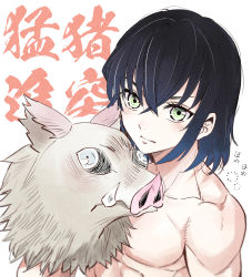 Rule 34 | 1boy, black hair, blue hair, blush, boar mask, closed mouth, commentary, gradient hair, green eyes, hair between eyes, hashibira inosuke, highres, kimetsu no yaiba, looking at viewer, male focus, mask, unworn mask, multicolored hair, muscular, natsupa, topless male, short hair, simple background, solo, translated, two-tone hair, upper body, white background