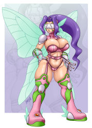 Rule 34 | 1girl, bikini, boots, breasts, bursting breasts, butterfly hair ornament, butterfly wings, butterfly wings gauntlets, cleavage, digimon, digimon frontier, facial mark, fairimon, fairy, full body, garter straps, gloves, hair ornament, hand on own hip, insect wings, large breasts, long boots, long hair, looking to the side, mask, medium breasts, navel, open mouth, purple bikini, purple hair, skindentation, swimsuit, thick thighs, thigh boots, thighhighs, thighs, vlaimk, wings