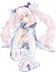 Rule 34 | 1girl, animal ears, animal slippers, azur lane, blue hairband, blue ribbon, bunny slippers, chaosexceed, crossed bangs, dress, fake animal ears, hair ornament, hair ribbon, hairband, highres, laffey (azur lane), laffey ii (azur lane), long hair, long sleeves, looking at viewer, parted lips, rabbit ears, rabbit hair ornament, red eyes, ribbon, simple background, sitting, sleeves past wrists, slippers, solo, thighhighs, very long hair, white background, white dress, white footwear, white hair, white thighhighs