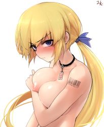 Rule 34 | 1girl, alternate hairstyle, artist name, bad id, bad tumblr id, barcode, barcode tattoo, blue bow, blue eyes, blush, bow, breasts, closed mouth, collar, collarbone, covering privates, covering breasts, fate/apocrypha, fate (series), floating hair, from side, glaring, hair bow, highres, j.k., jeanne d&#039;arc (fate), jeanne d&#039;arc (ruler) (fate), large breasts, long hair, looking at viewer, low ponytail, nipples, nude, ponytail, price tag, sidelocks, simple background, solo, studded collar, tattoo, tsurime, very long hair, white background