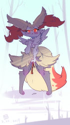 Rule 34 | 1girl, animal ear fluff, animal ears, animal hands, artist name, between legs, blue background, blush, braixen, clenched hand, creatures (company), dark, dated, female focus, female masturbation, fox ears, fox tail, full body, furry, furry female, game freak, gen 6 pokemon, grass, half-closed eye, hand between legs, hand up, heart, heart-shaped pupils, highres, lin mzhh, looking down, masturbation, navel, nintendo, object insertion, open mouth, outdoors, pigeon-toed, pokemon, pokemon (creature), pussy juice, red eyes, saliva, signature, snow, solo, standing, stick, symbol-shaped pupils, tail, tears, tree, uneven eyes, vaginal, vaginal object insertion
