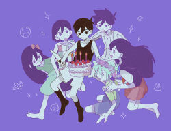 Rule 34 | + +, 2girls, 4boys, :d, :o, absurdres, aubrey (headspace) (omori), aubrey (omori), bare arms, bare shoulders, barefoot, basil (headspace) (omori), basil (omori), birthday cake, black eyes, black hair, black socks, black tank top, black vest, blue overalls, bow, bright pupils, cake, child, collarbone, commentary, dot nose, dress, expressionless, flower wreath, food, full body, green dress, green eyes, green hair, green shirt, hair bow, hand on another&#039;s shoulder, head wreath, hero (headspace) (omori), hero (omori), highres, holding, holding food, holding knife, jumping, kel (headspace) (omori), kel (omori), kneehighs, knife, long hair, mari (headspace) (omori), mari (omori), mdmdmdmd23eng, multiple boys, multiple girls, official style, omori, omori (omori), open mouth, orange skirt, overalls, pajamas, purple background, purple eyes, purple hair, shirt, short hair, shorts, simple background, skirt, smile, socks, squatting, striped clothes, striped pajamas, symbol-only commentary, tank top, vest, walking, white pupils, white shorts, white socks