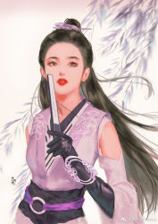 Rule 34 | 1girl, chinese clothes, clothing cutout, dress, elbow gloves, gloves, gradient background, hair bun, hair tie, hand fan, holding, holding fan, leaf, long hair, long sleeves, open mouth, original, purple dress, realistic, sash, shoulder cutout, solo, teeth, upper body, yu mingqing yeimq