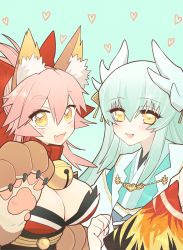 Rule 34 | 2girls, animal ear fluff, animal ears, animal hands, aqua hair, bell, blush, breasts, cat paws, cleavage, collar, dragon girl, dragon horns, fangs, fate/grand order, fate (series), fox ears, fox girl, gloves, green hair, hair ribbon, hand fan, highres, horns, japanese clothes, jingle bell, kimono, kiyohime (fate), large breasts, long hair, multiple girls, neck bell, obi, paw gloves, paw shoes, pink hair, ponytail, red ribbon, ribbon, sash, shoes, suzukimadaka, tail, tamamo (fate), tamamo cat (fate), tamamo cat (first ascension) (fate), yellow eyes