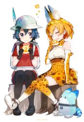 Rule 34 | 10s, 2girls, animal ears, artist name, backpack, bag, black eyes, black hair, blush, bow, bowtie, bucket hat, cross-laced clothes, eating, elbow gloves, closed eyes, food, fur collar, gloves, hat, hat feather, high-waist skirt, japari bun, japari symbol, kaban (kemono friends), kemono friends, loafers, looking at another, lucky beast (kemono friends), mika pikazo, multiple girls, open mouth, pantyhose, red shirt, serval (kemono friends), serval print, serval tail, shirt, shoes, short hair, signature, simple background, sitting, sitting on object, skirt, sleeveless, sleeveless shirt, smile, striped tail, tail, thighhighs, tree stump, white background