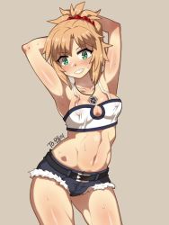 Rule 34 | 10s, 1girl, :d, armpits, arms behind head, arms up, bad id, bad twitter id, bare shoulders, belt, belt buckle, blonde hair, blush, breasts, buckle, cleavage, covered erect nipples, cutoffs, fate/apocrypha, fate/extra, fate/grand order, fate (series), green eyes, grin, jewelry, looking at viewer, midriff, mordred (fate), mordred (fate/apocrypha), mordred (memories at trifas) (fate), navel, necklace, nite (ku3456), no bra, open mouth, ponytail, short hair, short shorts, shorts, small breasts, smile, solo, standing, stomach, strapless, sweat, teeth, tube top