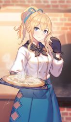 Rule 34 | 1girl, absurdres, anbe yoshirou, black scarf, blonde hair, blue eyes, blue skirt, blush, breasts, food, genshin impact, grin, hair ribbon, highres, jean (genshin impact), jean (sweets paradise) (genshin impact), large breasts, long hair, long sleeves, looking at viewer, oven mitts, pizza, ponytail, ribbon, scarf, shirt, sidelocks, skirt, smile, solo, tray, white shirt