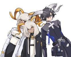 Rule 34 | 1boy, 2girls, arknights, beeswax (arknights), black hair, black jacket, blue eyes, carnelian (arknights), character request, coat, commentary, curled horns, expressionless, goat horns, grey hair, hair over one eye, head tilt, horns, jacket, long sleeves, multiple girls, red eyes, simple background, stuck, toyyot, upper body, white background, white coat, yellow eyes