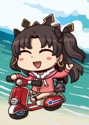 Rule 34 | 1girl, april fools, black hair, blush stickers, bull, chibi, closed eyes, cloud, day, earrings, fate/grand order, fate (series), gugalanna, ishtar (fate), ishtar (swimsuit rider) (fate), jewelry, long hair, motor vehicle, official art, riyo (lyomsnpmp), scooter, tiara, tohsaka rin, two side up, water
