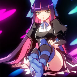 Rule 34 | 10s, 1girl, aqua eyes, blue hair, bow, colored inner hair, hair bow, lips, long hair, multicolored hair, panty &amp; stocking with garterbelt, solo, stocking (psg), striped clothes, striped thighhighs, tamachi kuwa, thighhighs
