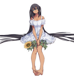 Rule 34 | 10s, 1girl, :o, aqua eyes, bare legs, barefoot, black hair, blue eyes, breasts, captain earth, cleavage, dark-skinned female, dark skin, dress, feet, feet together, flower, full body, hair between eyes, highres, long hair, medium breasts, minato fumi, mutou hana, official art, own hands together, simple background, sitting, solo, sunflower, toes, two side up, v arms, very long hair, white background
