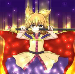 Rule 34 | &gt;:), 1girl, belt, blonde hair, cape, drawing sword, dress, earmuffs, glowing, glowing sword, glowing weapon, holding, holding sword, holding weapon, layered dress, looking at viewer, pointy hair, scabbard, sheath, short hair, solo, sword, teoi (good chaos), touhou, toyosatomimi no miko, unsheathing, v-shaped eyebrows, weapon, yellow eyes