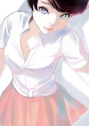 Rule 34 | 1girl, absurdres, blue eyes, breasts, closed mouth, collared shirt, commentary request, dytm, highres, looking at viewer, medium breasts, original, pleated skirt, red skirt, shirt, short hair, short sleeves, simple background, skirt, solo, summer, white background, white shirt, wing collar