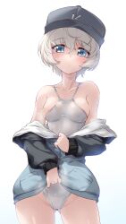 Rule 34 | 1girl, areola slip, blonde hair, blue eyes, blush, breasts, closed mouth, collarbone, girls und panzer, hat, highres, jacket, keizoku military uniform, kuzuryuu kennosuke, looking at viewer, military, military uniform, one-piece swimsuit, short hair, simple background, small breasts, solo, swimsuit, track jacket, uniform, white one-piece swimsuit, youko (girls und panzer)
