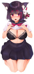 Rule 34 | 1girl, absurdres, animal ear fluff, animal ears, azur lane, black bra, black hair, black skirt, blush, bra, breasts, cat ears, cleavage, hair ornament, highres, large breasts, lifted by self, looking at viewer, mask, mask on head, neckerchief, open mouth, pleated skirt, red eyes, red neckerchief, sailor collar, sakamiya tsuto, school uniform, serafuku, shirt, short eyebrows, short hair, short sleeves, simple background, sitting, skirt, smile, solo, teeth, thick eyebrows, tongue, underwear, white background, white shirt, yamashiro (azur lane), yamashiro (street corner offensive!) (azur lane)
