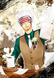 Rule 34 | 1boy, ace attorney, beard, blouse, capcom, coffee, collared shirt, cup, facial hair, formal, godot (ace attorney), green shirt, highres, male focus, mug, necktie, paper, phoenix wright: ace attorney - trials and tribulations, pinstripe pattern, pinstripe vest, shirt, smile, solo, striped clothes, striped vest, suit, takix, vest, visor, white hair, white necktie