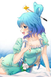 Rule 34 | 1girl, bad id, bad pixiv id, bed, blue eyes, blue hair, breasts, cleavage, dress, female focus, flower, hair ornament, hair rings, hair stick, highres, kaku seiga, large breasts, matching hair/eyes, melon3, open mouth, shawl, short hair, shovel, sitting, smile, solo, touhou, vest, worktool