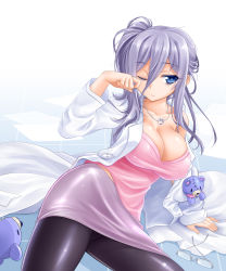 Rule 34 | 10s, 1girl, arm up, bags under eyes, bare shoulders, black pantyhose, blue eyes, breasts, buttons, cleavage, coat, date a live, unworn eyewear, glasses, hair between eyes, jewelry, lab coat, large breasts, long hair, long sleeves, murasame reine, necklace, necktie, okitakung, one eye closed, open clothes, open coat, open shirt, pantyhose, pendant, purple hair, rubbing eyes, shirt, side ponytail, skirt, solo, stuffed animal, stuffed toy, teddy bear, waking up, wink