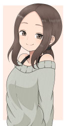 Rule 34 | 1girl, absurdres, aged up, bad id, bad pixiv id, bare shoulders, blush, bra strap, brown eyes, brown hair, commentary, forehead, highres, ito kashiwamochi, karakai jouzu no takagi-san, ponytail, short hair, simple background, smile, solo, sweater, takagi-san, white background