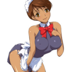 Rule 34 | 1girl, apron, bare shoulders, bent over, bow, breasts, brown eyes, brown hair, covered erect nipples, dark-skinned female, dark skin, hairu, head tilt, large breasts, leotard, looking at viewer, lowres, maid, maid apron, maid headdress, maid leotard, shiny skin, short hair, simple background, skin tight, smile, solo, super real mahjong, tan, tanline, toono mizuki, unconventional maid, white background