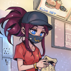 Rule 34 | 1girl, akali, bag, black mask, blue eyes, bracelet, breasts, burger, collarbone, food, french fries, heart, holding, holding bag, jewelry, k/da (league of legends), league of legends, long hair, mask, mcdonald&#039;s, monochrome, mouth mask, parted bangs, phantom ix row, ponytail, red hair, red shirt, shirt, short sleeves, small breasts, solo, upper body
