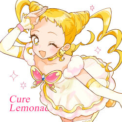 Rule 34 | 1girl, ;d, absurdres, arm warmers, blonde hair, blush, butterfly brooch, character name, choker, collarbone, cone hair bun, cowboy shot, cure lemonade, double bun, dress, drill hair, earrings, hair bun, highres, jewelry, kasugano urara (yes! precure 5), looking at viewer, magical girl, medium hair, one eye closed, open mouth, petticoat, precure, short dress, simple background, smile, solo, standing, standing on one leg, thighhighs, twin drills, white background, white dress, yamanaka hituzi, yellow choker, yellow eyes, yellow thighhighs, yes! precure 5