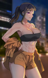 Rule 34 | 1girl, abs, absurdres, blurry, blurry background, breasts, city, cleavage, collarbone, curvy, earbuds, earphones, en&#039;en no shouboutai, foxyreine, hand on own hip, highres, jacket, large breasts, long hair, maki oze, navel, night, night sky, ponytail, purple eyes, shorts, sky, smile, solo, stomach, strapless, thick thighs, thighs, tube top