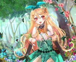 Rule 34 | artist request, black gloves, black skirt, brown eyes, bug, butterfly, butterfly hair ornament, chinese commentary, flower, forest, gloves, hair behind ear, hair ornament, halterneck, high-waist skirt, highres, insect, looking at viewer, mixed-language commentary, nature, nijisanji, nijisanji en, pink flower, pointy ears, pomu rainpuff, pomu rainpuff (1st costume), purple flower, second-party source, skirt, smile, virtual youtuber